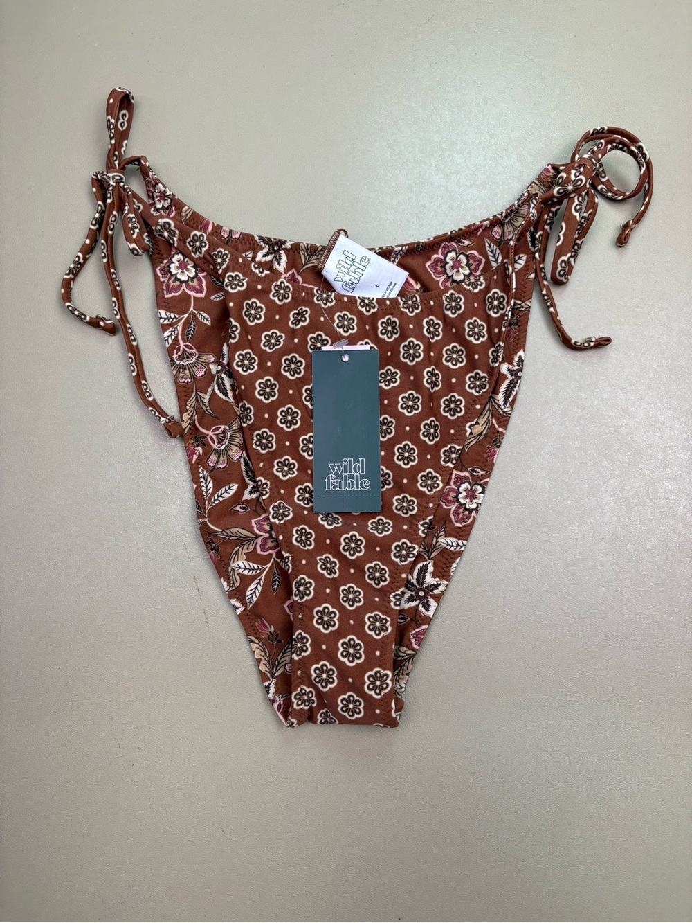 Wild Fable Reversible Floral Bikini Bottom Brown Tie Side NWT L